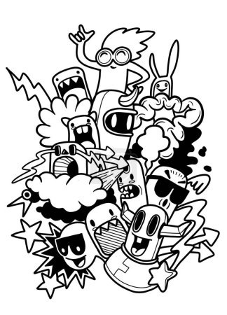 Illustration for A dynamic and energetic hand drawn black and white illustration of whimsical cartoon characters with playful expressions and animated poses - Royalty Free Image