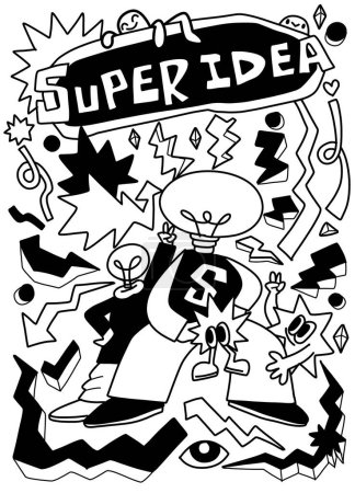 Una atractiva ilustración dibujada a mano en blanco y negro que muestra el tema 'Super Idea' con personajes de dibujos animados dinámicos y símbolos creativos