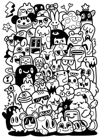 An intricate black and white illustration packed with a diverse range of cartoon characters expressing various emotions and actions