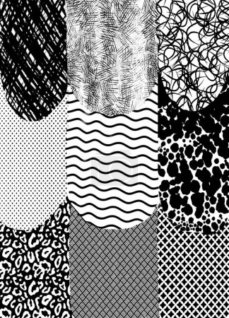 Künstlerische Collage mit einer Vielzahl von Schwarz-Weiß-Mustern, einschließlich Streifen, Punkten und Texturen, ideal für kreative Hintergründe