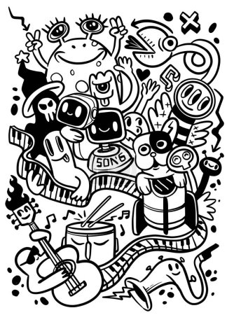 Schwarz-weiße Illustration voller fröhlicher Cartoon-Figuren, die ein lebendiges Musikfestival mit verschiedenen Musikinstrumenten und skurrilen Elementen genießen