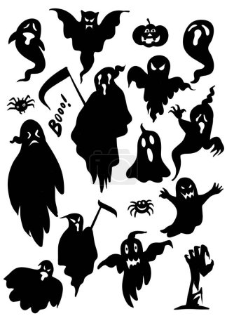 A collection of Halloween-themed black silhouettes featuring witches, ghosts, jack-o-lanterns, and other spooky elements perfect for festive decorations