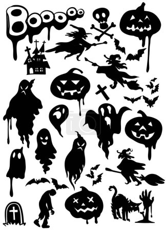 A collection of Halloween-themed black silhouettes featuring witches, ghosts, jack-o-lanterns, and other spooky elements perfect for festive decorations