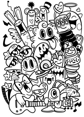A playful and joyful illustration featuring a variety of cartoon monsters, characters, and musical elements in a lively party setting, all in black and white