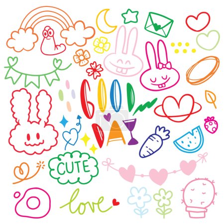 Bright and cheerful doodles featuring bunnies, hearts, rainbows, and positive words, perfect for uplifting and creative designs