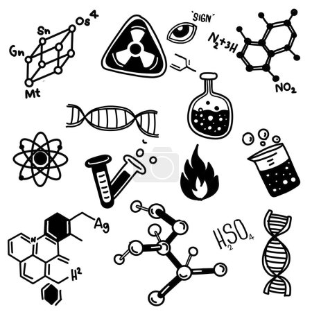 Creative black and white doodles featuring scientific elements like DNA, molecules, and lab equipment, perfect for educational and scientific projects
