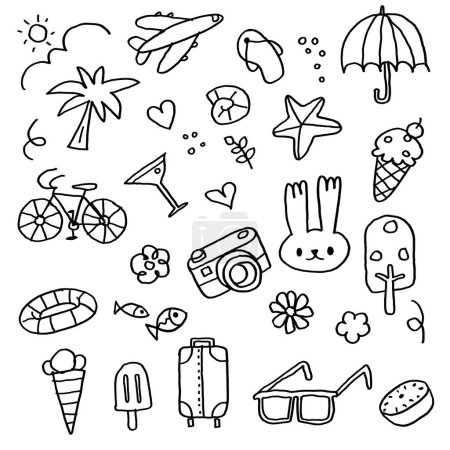 Playful black and white doodles featuring summer vacation elements like ice cream, beach, and travel icons, perfect for creative projects and coloring pages