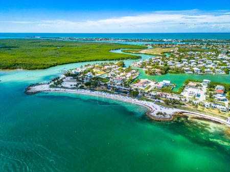 Aerial view of Sombrero Beach with palm trees on the Florida Keys, Marathon, Florida, USA.
