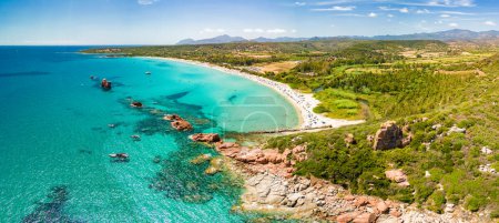 Aerial drone panoramic view of the Cea beach with the Red Rocks, Sardinia, Italy