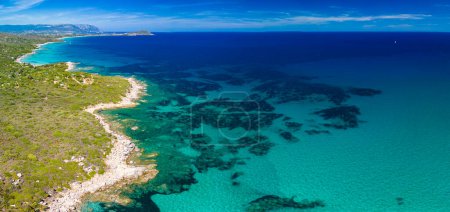 Aerial drone panoramic view of the Cea beach with the Red Rocks, Sardinia, Italy