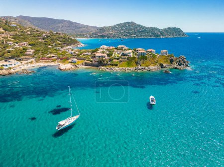 Aerial drone panoramic view of Kal'e Moru beach in Geremeas, Sardinia