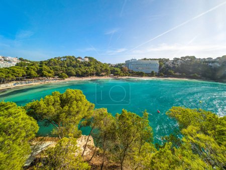 Aerial drone ciew of Platja de Cala Galdana, Menorca, Spain