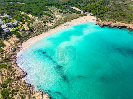 Areal drone view of Arenal de Son Saura beach in summer sunny day at Menorca island, Spain