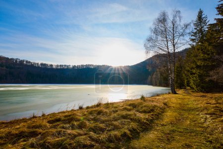 Photo for Beautiful landscape with St. Ana Lake in Romania, volcanic lake in December. - Royalty Free Image