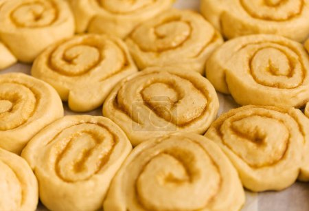 Photo for Tray of cinnamon rolls ready to go into the oven, macro comfort food background - Royalty Free Image