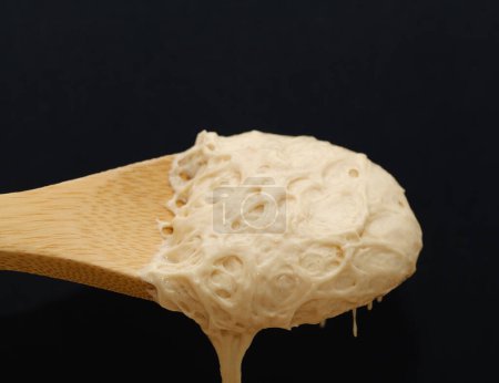 Photo for Mature sourdough starter on a wooden spoon - Royalty Free Image