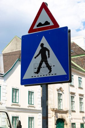 Photo for Road sign "Pedestrian crossing" and "Uneven road" - Royalty Free Image
