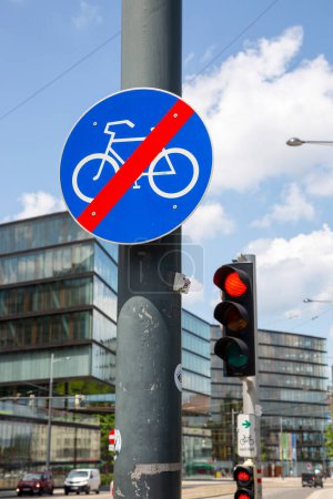 Photo for The road sign on the pole "Cycling is prohibited" - Royalty Free Image
