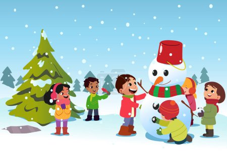 Illustration for A vector illustration of Happy Children Playing With Friends Outside During Winter - Royalty Free Image