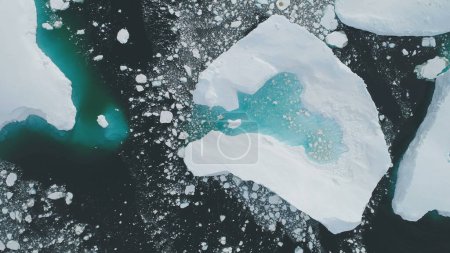 Antarctica Iceberg Turquoise Lake Aerial Top Down View. Big Majestic Blue Ice Glacier Melting in Polar Winter Sea. Climate Change Seascape Drone Flight
