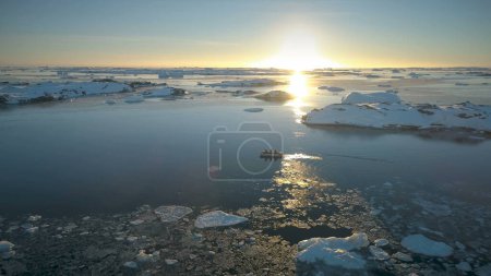 Boat in Antarctica ocean. Aerial view drone flight. Overview the sunset scene touristic Zodiac Rubber boat moving in polar ocean water among icebergs. Antarctic peninsula.