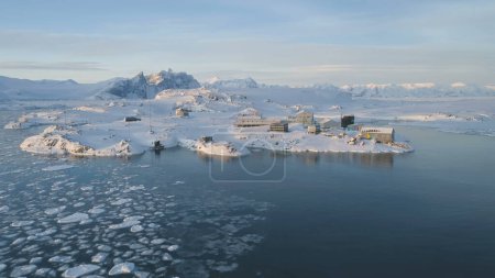 Antarctica Coast Vernadsky Station Aerial View. Arctic Ocean Brash Ice Float at Pole Base, Majestic Nature Panorama Global Warming Concept Top Drone Flight