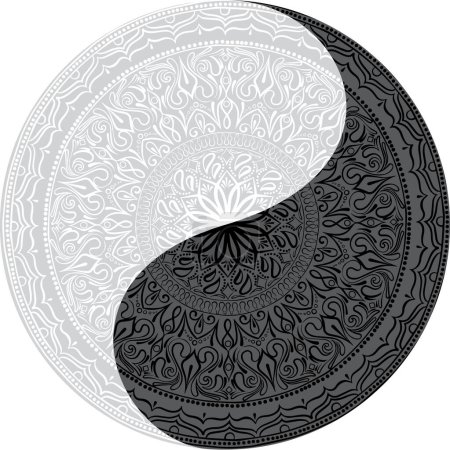Illustration for Drawing of a black and white mandala, round ethnic ornament in shape of symbol yin yang - Royalty Free Image