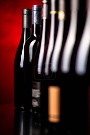 Téléchargez les photos : Bouteilles de vins rouges de qualité photographiées avec du DOF peu profond ; image couleur tonique - en image libre de droit