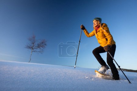 Photo for Snowshoeing in winter in deep snow. Walking in the snow. Hiking in the mountains in winter. - Royalty Free Image