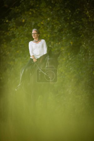 Photo for Woman riding a horse. Equestrian sport, leisure horse riding concept - Royalty Free Image
