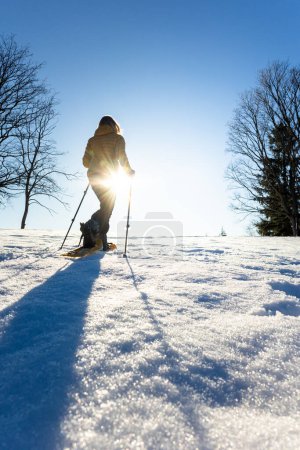 Téléchargez les photos : Raquettes en hiver dans la neige épaisse. Marcher dans la neige. Randonnée en montagne en hiver. - en image libre de droit