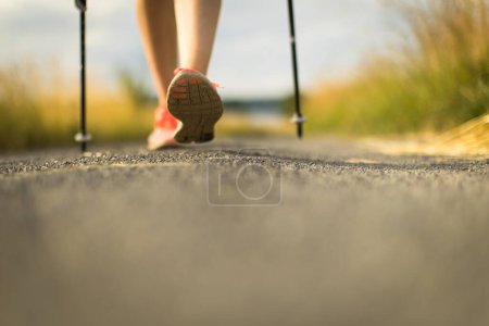 Photo for Healthy legs of a pretty, young woman walking outside on a lovely summer day. Nordic walking with poles. - Royalty Free Image