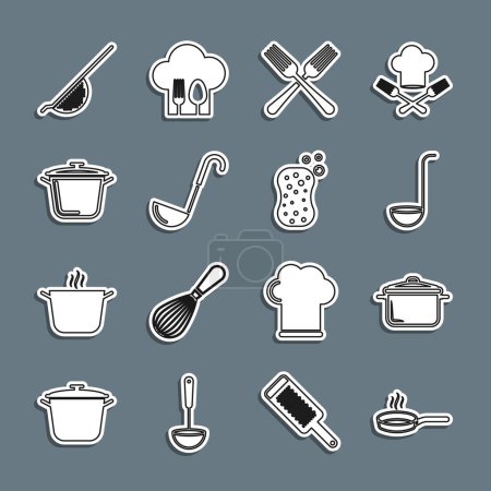 Set line Frying pan Cooking pot Kitchen ladle Crossed fork colander and Sponge with bubbles icon. Vector.