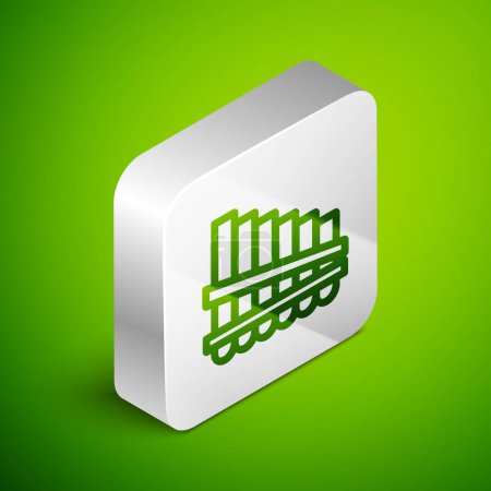 Illustration for Isometric line Pan flute icon isolated on green background. Traditional peruvian musical instrument. Zampona. Folk instrument from Peru, Bolivia and Mexico. Silver square button. Vector. - Royalty Free Image