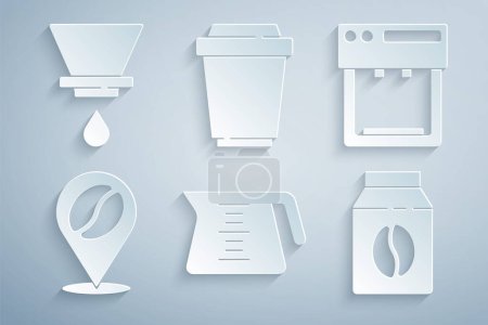 Illustration for Set Coffee pot machine Location with coffee bean Bag beans cup to go and V60 maker icon. Vector. - Royalty Free Image