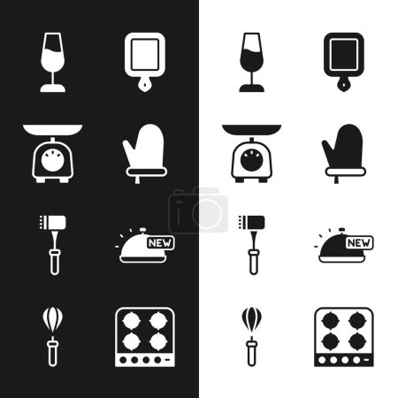Illustration for Set Oven glove, Scales, Wine glass, Cutting board, Kitchen hammer, Covered with tray of food, Gas stove and whisk icon. Vector - Royalty Free Image