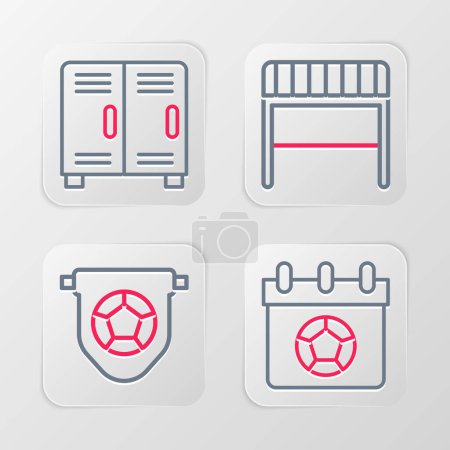 Illustration for Set line Football or soccer calendar flag pennant goal and Locker changing room icon. Vector. - Royalty Free Image