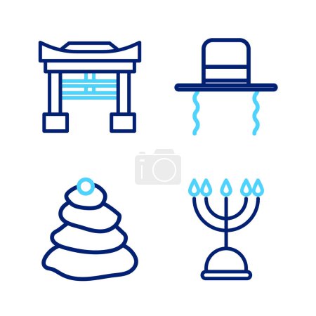 Illustration for Set line Hanukkah menorah, Stack hot stones, Orthodox jewish hat with sidelocks and Japan Gate icon. Vector - Royalty Free Image