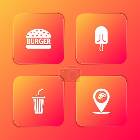Téléchargez les illustrations : Set Burger, Glace, Verre avec de l'eau et Emplacement tranche icône de pizza. Vecteur. - en licence libre de droit