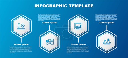 Illustration for Set line Trees, Flower analysis, Incubator for eggs and Conveyor belt with box. Business infographic template. Vector. - Royalty Free Image