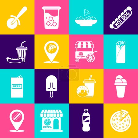 Set Pizza, Ice cream, Burrito, Nachos in plate, Location with slice pizza, Soda and hotdog, knife and Fast street food cart icon. Vector