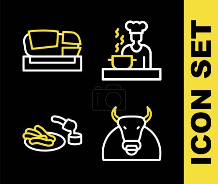 Illustration for Set line Spanish cook, Bull, Churros and chocolate and Stadium Mestalla icon. Vector - Royalty Free Image