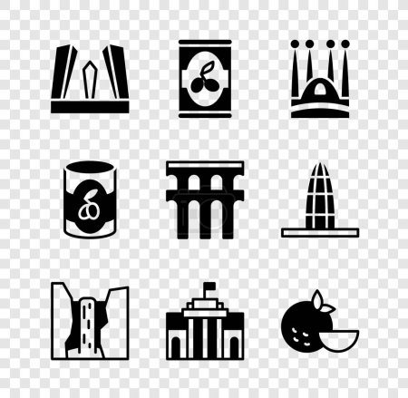 Ilustración de Set Gate of Europe, Olives in can, Sagrada Familia, Algar waterfall, Prado museum, Orange fruit,  and Aqueduct Segovia icon. Vector - Imagen libre de derechos