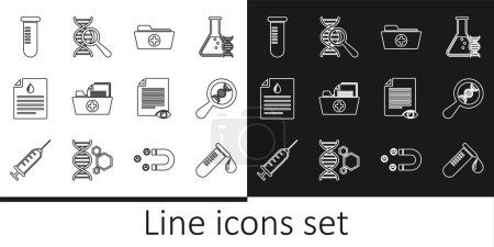 Téléchargez les illustrations : Set line Test tube with drop of blood, DNA research, search, Health record folder, Clipboard test, flask, Paper page eye and  icon. Vector - en licence libre de droit