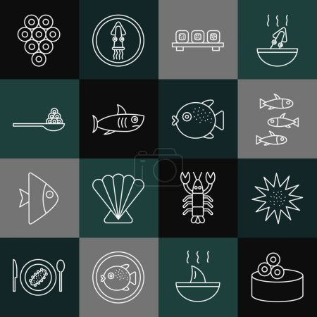 Ilustración de Set line Tin can with caviar, Sea urchin, Fishes, Sushi on cutting board, Shark, Caviar spoon,  and Puffer fish icon. Vector - Imagen libre de derechos