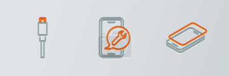 Illustration for Set line Glass screen protector, USB cable cord and Mobile service icon. Vector - Royalty Free Image
