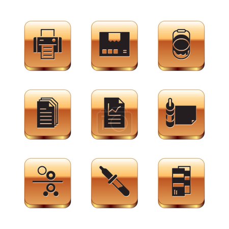 Illustration for Set Printer, Paper roll of printing press, Pipette, Document with graph chart, File document, Paint bucket, Pantone and Carton cardboard box icon. Vector - Royalty Free Image
