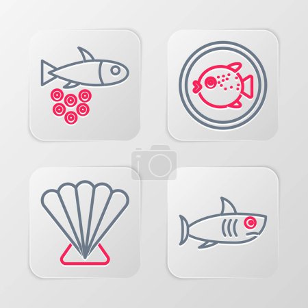 Ilustración de Set line Shark, Scallop sea shell, Puffer fish on plate and Fish with caviar icon. Vector - Imagen libre de derechos