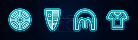 Illustration for Set line Old wooden wheel, Shield, Medieval iron helmet and Body armor. Glowing neon icon. Vector. - Royalty Free Image