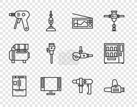 Illustration for Set line Refrigerator Chainsaw Radio Smart Tv Electric hot glue gun Construction jackhammer drill machine and Vending icon. Vector. - Royalty Free Image